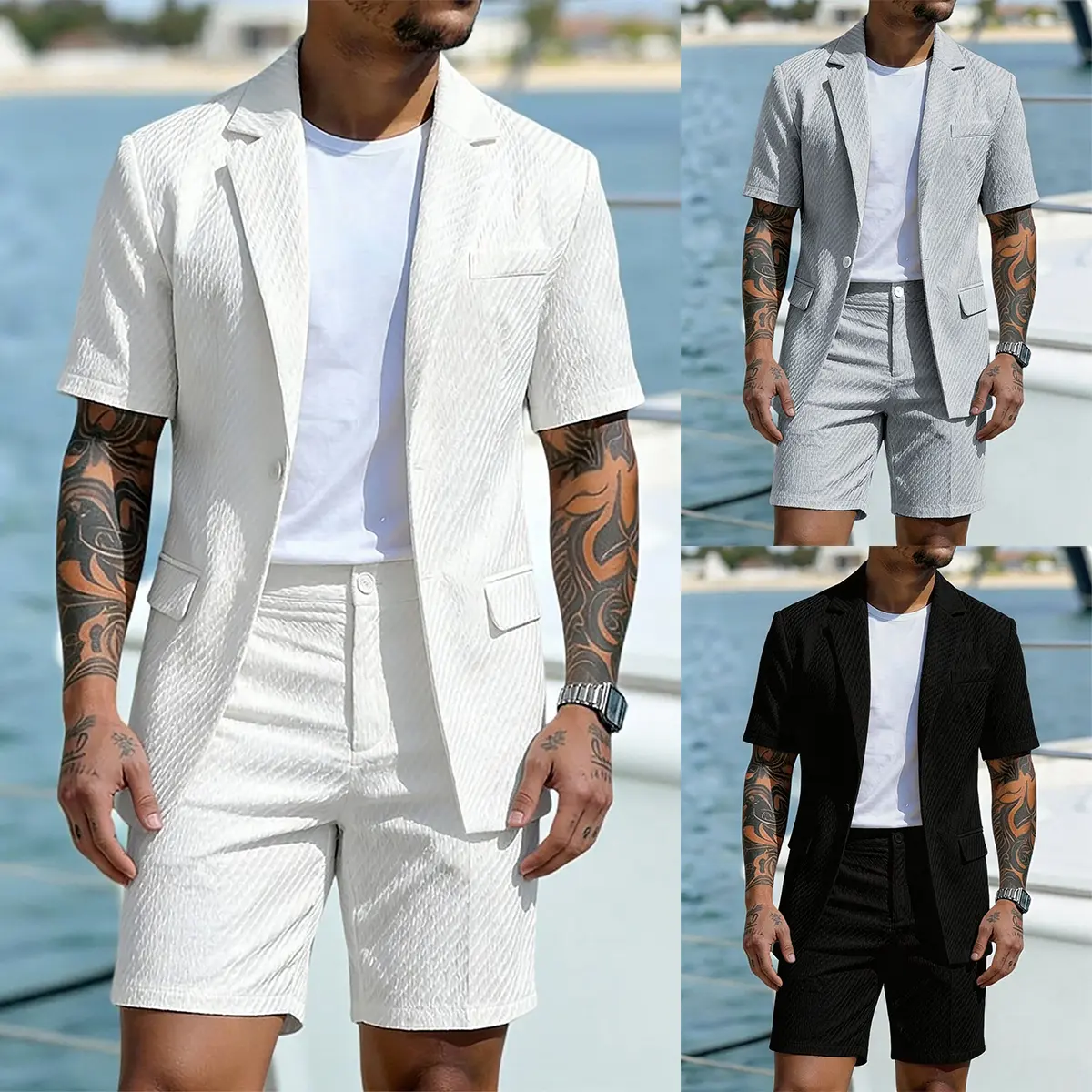 Men’s 2-Piece Short Sleeve Suit Set - British Style Slim-Fit Stand Collar Blazer & Pants, Light Business Casual Summer Outfit for Office, Party S-2XL