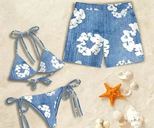 Couple Denim Tears (Print) Bikini Set and Hawaiian Shorts, Matching Pool Party Outfit, Summer Beach Vacation Swimwear For Couples, Style Beachwear Set, String Bikini & Swim Trunks, Honeymoon Bathing Suits