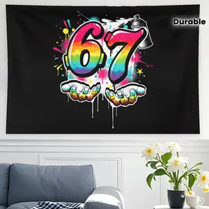 Tapestry 1Pc Neon 67 Graffiti Meme - Urban Art With Alpha Slang '67 Numbers & Graffiti Letters, Horizontal Peach Light Beige Fabric Poster For Room Decor, Durable HD Printed Wallpaper For Bedroom Decoration