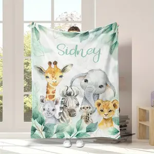 [Custom] 1pc Personalized Digital Print Name Custom Vibrant Art Elephant Flannel Blanket Giraffe - Soft, Lightweight, Multiple Sizes - Perfect for Travel, Home Decoration, and Gifts