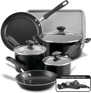 Farberware Cookstart DiamondMax Nonstick Cookware/Pots and Pans Set with Glass Lids, Dishwasher Safe, Includes Baking Pan and Kitchen Cooking Tools, 15 Piece - Black