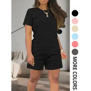 Women’s solid-color top set, casual short-sleeved T-shirt and elastic-waist shorts set, women’s summer everyday wear, cute summer set, blackGARMENTARY