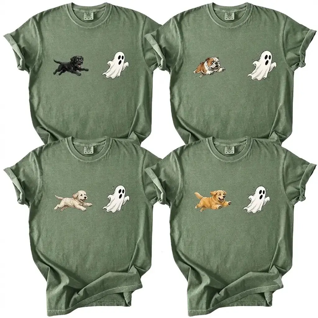 Comfort Colors Custom 50+ Dog Breeds Halloween Shirt, Cute Puppy Ghost Trick-or-Treat Tee, Funny Spooky Season Dog Lover Shirt, Pumpkin Graphic Tee, Unisex Pet Parent Halloween Gift, Moss Color