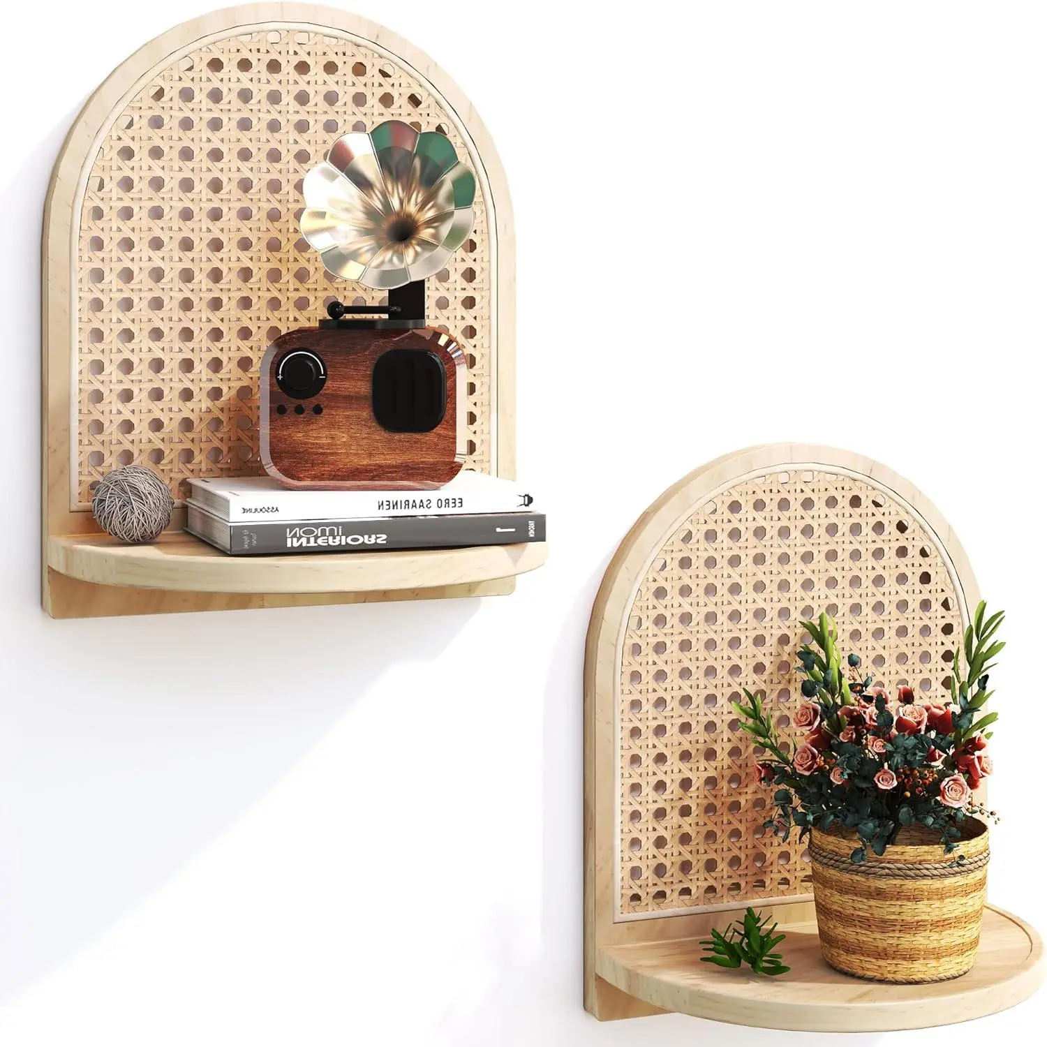 Rattan Shelf Set of 2, 7''Natural Rattan Shelf with Wicker, Boho Wall Small Floating Shelf for Plant Figurines Display, Mini Shelves for Knick Knack