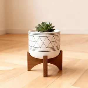 6" White Black Geo Ceramic Planter on Wood Stand for Succulent, Terrarium and Indoor House Plants
