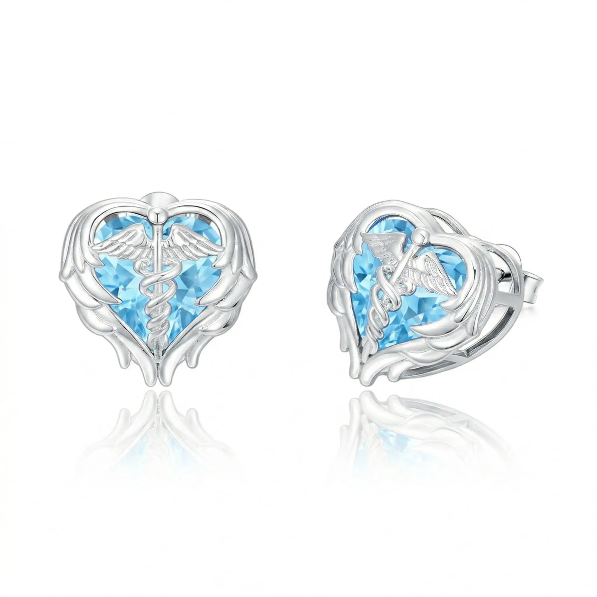 Caduceus Nurse Earrings 925 Sterling Silver Nurse Angel Wing Heart Earrings Nursing Graduation Jewelry Gifts for Women Doctor Medical Student-Aquamarine Blue