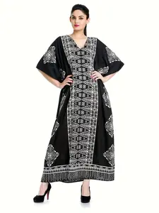 Middle Eastern Arabic Ramadan Vacation Beach Print Dress, Casual Paisley Pattern Long Dress, All Seasons Fashion, Womenswear