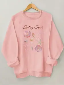 Autumn Winter Fashion Round Neck Sweatshirt with Salty Soul Print, Shell Starfish Pearl Decorations, Casual Graphic Pullover