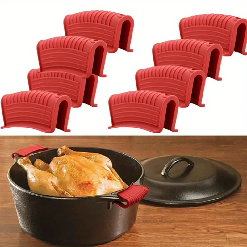 8-Pack High-Temperature Resistant Silicone Pot Handle Covers | Non-Slip Grip, Fits Cast Iron Skillets & Soup Pots, Multi-Functional Anti-Scald Ear Grips, Solid Color, Rectangle Shape, Hand Wash Only, 100% Silicone Material