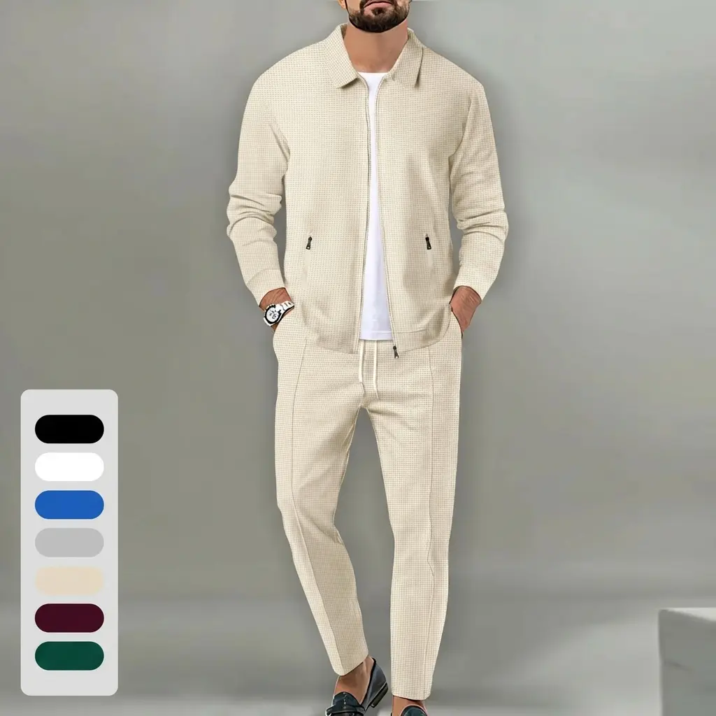 Men's 2 Piece Waffle Knit Jogging Suits Collared Zip Up Long Sleeve Shirt Elastic Waist Pants Stretchy Soft Breathable Summer Lounge Tracksuit Summer Tracksuits Jogger Tracksuit Sports Slim Fit Summer Tracksuits men 2 piece sets summerwins