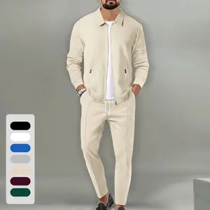 Men's Waffle Knit 2 Piece Tracksuit Collared Zip Up Jacket Elastic Waist Pants Comfortable Breathable Lightweight Soft Stretchy Casual Versatile Outfit For Daily Wear Workout Gym Streetwear Business Casual Weekend Travel Commute