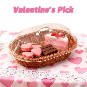 Woven Bread Basket with Transparent Acrylic Dust Cover, Durable Washable Food Tray, Perfect for Valentine's Day, Weddings, Kitchen Baking