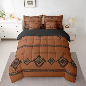 Western 7 Piece Bedding Set Southwestern Native Comforter Set with Sheets,Pillowcases & Cushion Cover for Boys Girls Wild West Cowboy Bed in a Bag Soft Tribal Bohemian Orange Black
