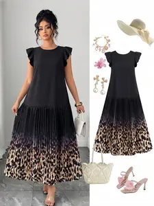 Plus Size Women's Short Sleeve Leopard Print Dress, Elegant Chic Loose-Fit Long Dress, Casual Wear, Backless Bow Design, Perfect for Parties and Holidays