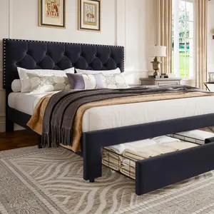 Upholstered Bed Frame with Storage Drawers, Platform Bed Frame, Velvet Bed with Nailhead Trim and Padded Headboard, Wood Slat Support, No Box Spring Needed