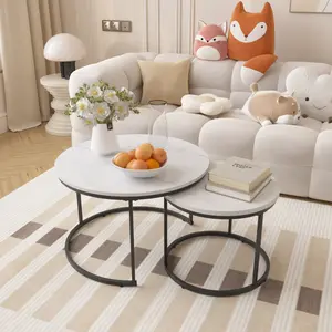 Nesting Coffee Table Set of 2, 27.6inch Round Coffee Table Wood Marble Pattern Top with Sturdy Metal Frame, End Table Side Tables for Living Room Bedroom