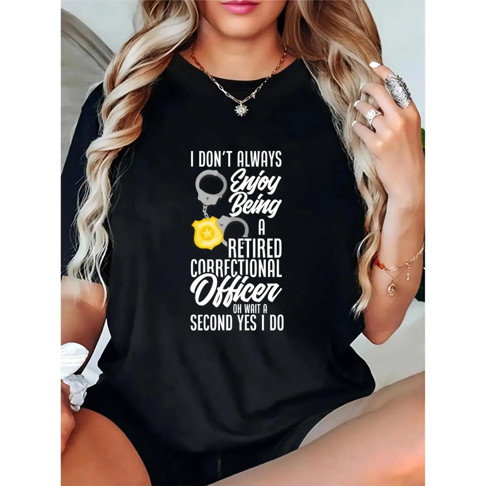 Women's Black Graphic T-Shirt with Retired Correctional Officer Quote, Handcuffs & Badge | Casual Daily/Retirement Wear for Retired Officers