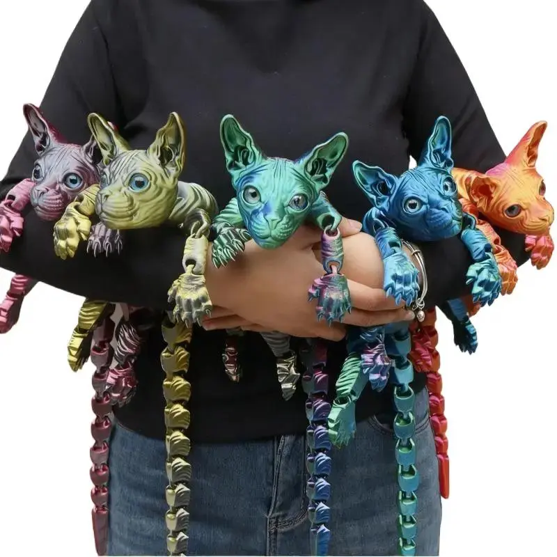 3D Printed Giant Articulated Sphynx Hairless Cat Figurine - Flexible Movable Joints, Kawaii Collectible, Smooth Lightweight Minimalist Ornament, Desktop Room Decoration, Shelf Gift for Collectors