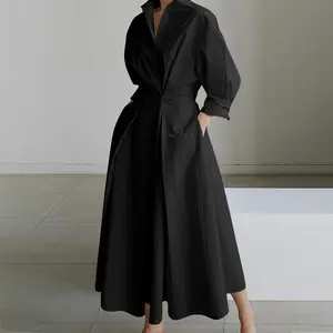 Women's loose solid color lapel mid-length dress, waist design, comfortable and elegant, a must-have for commuting and formal occasions Shirt Dress