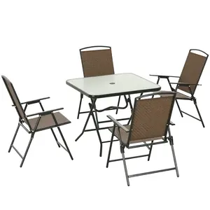 5 Pieces Patio Table And Chairs – Foldable Wicker Outdoor Dining Table Set With Umbrella Hole. 4 Chairs + Glass Top Table, Dark Brown