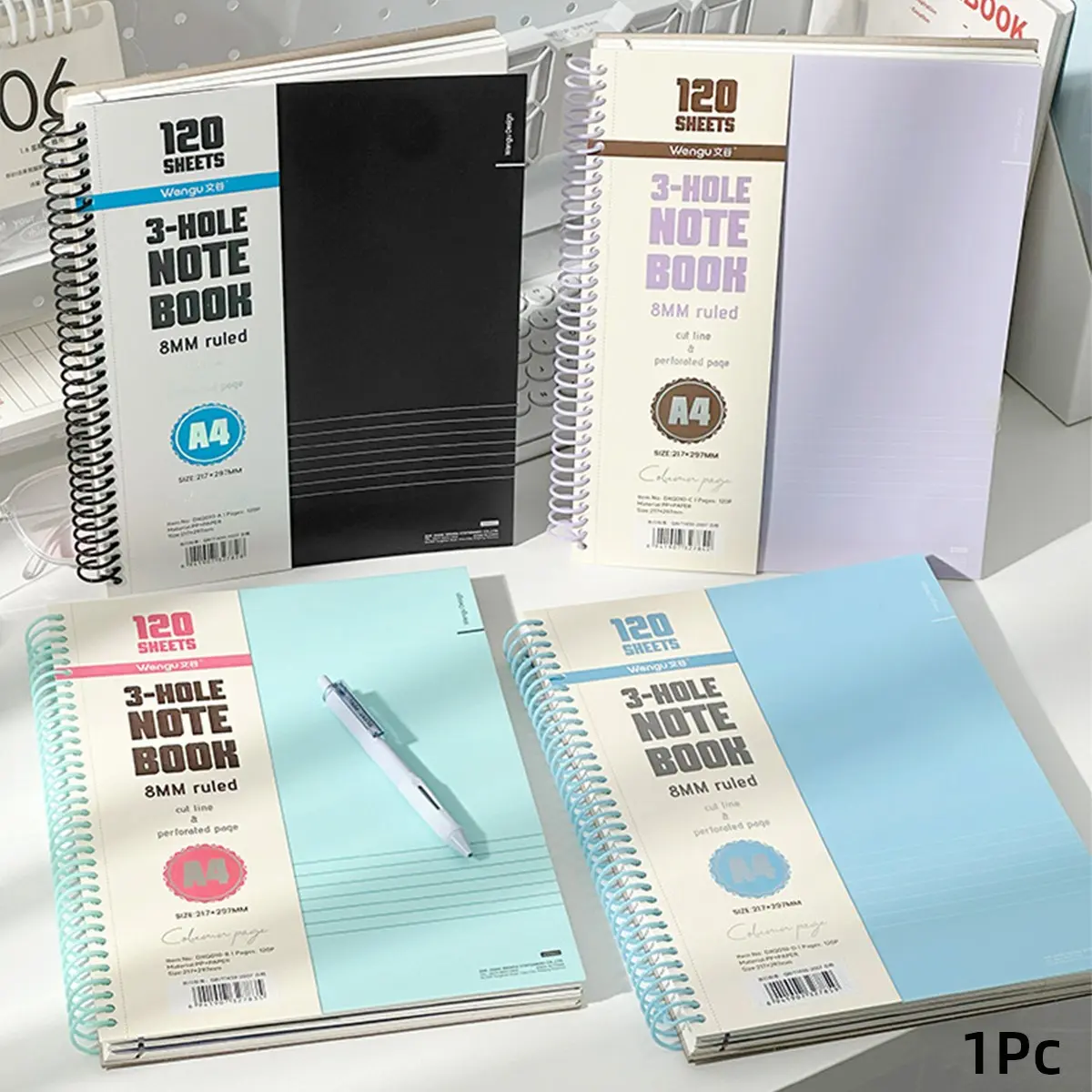 A4 3 Hole Spiral Coil Notebook 120 Sheets Refillable Loose Leaf Binder with Ruled Pages Waterproof PP Cover Tearable Inner Pages Divider Pockets for School Notes Office Writing Study Planning Journaling Minimal Pastel Stationery Supplies Notebook For Work
