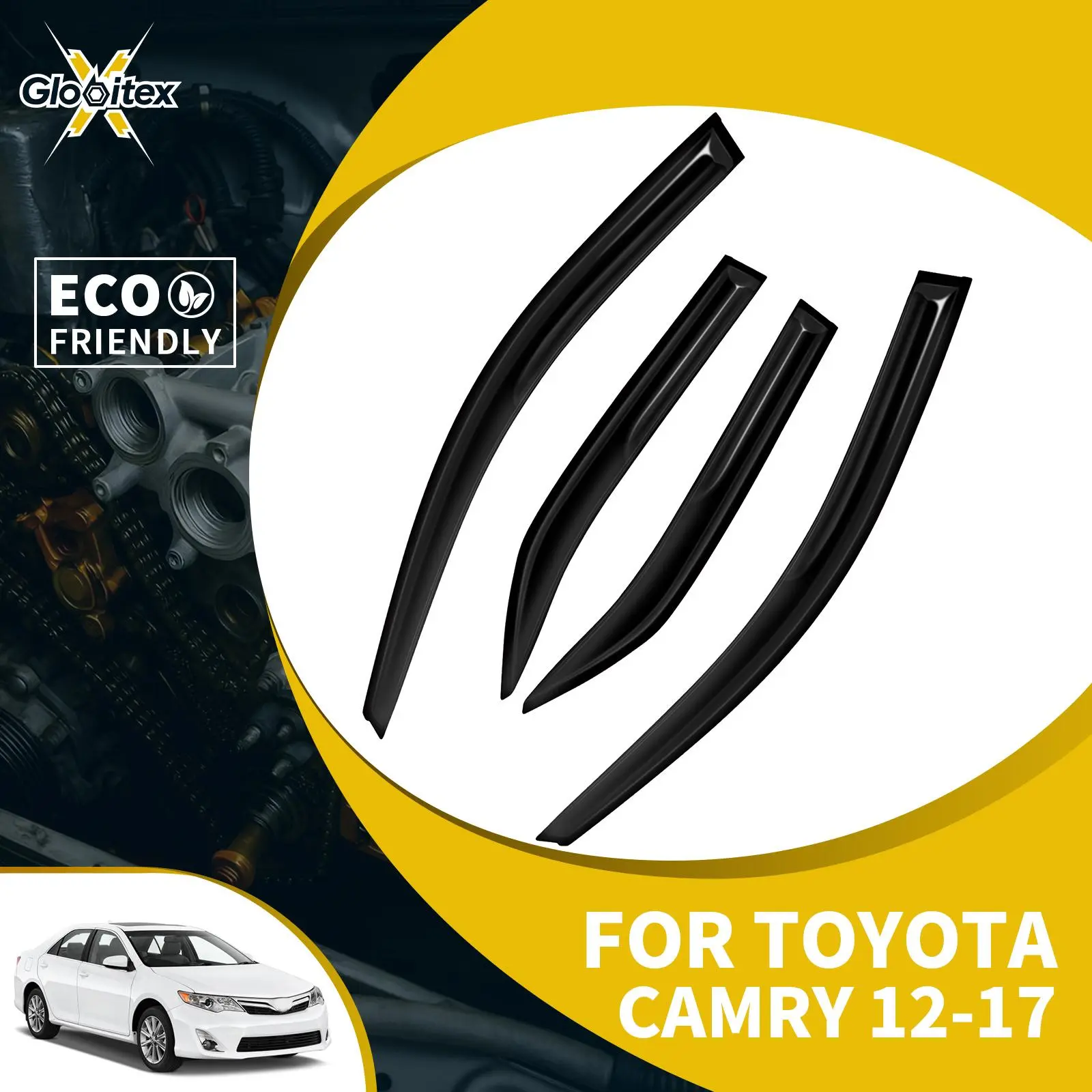 Tape-On Outside Window Visor Set - 4 Piece Set Sun Guard for Toyota Camry 4-Door Sedan 2012-2017, JDM Mugen Style Mount Wind Deflectors