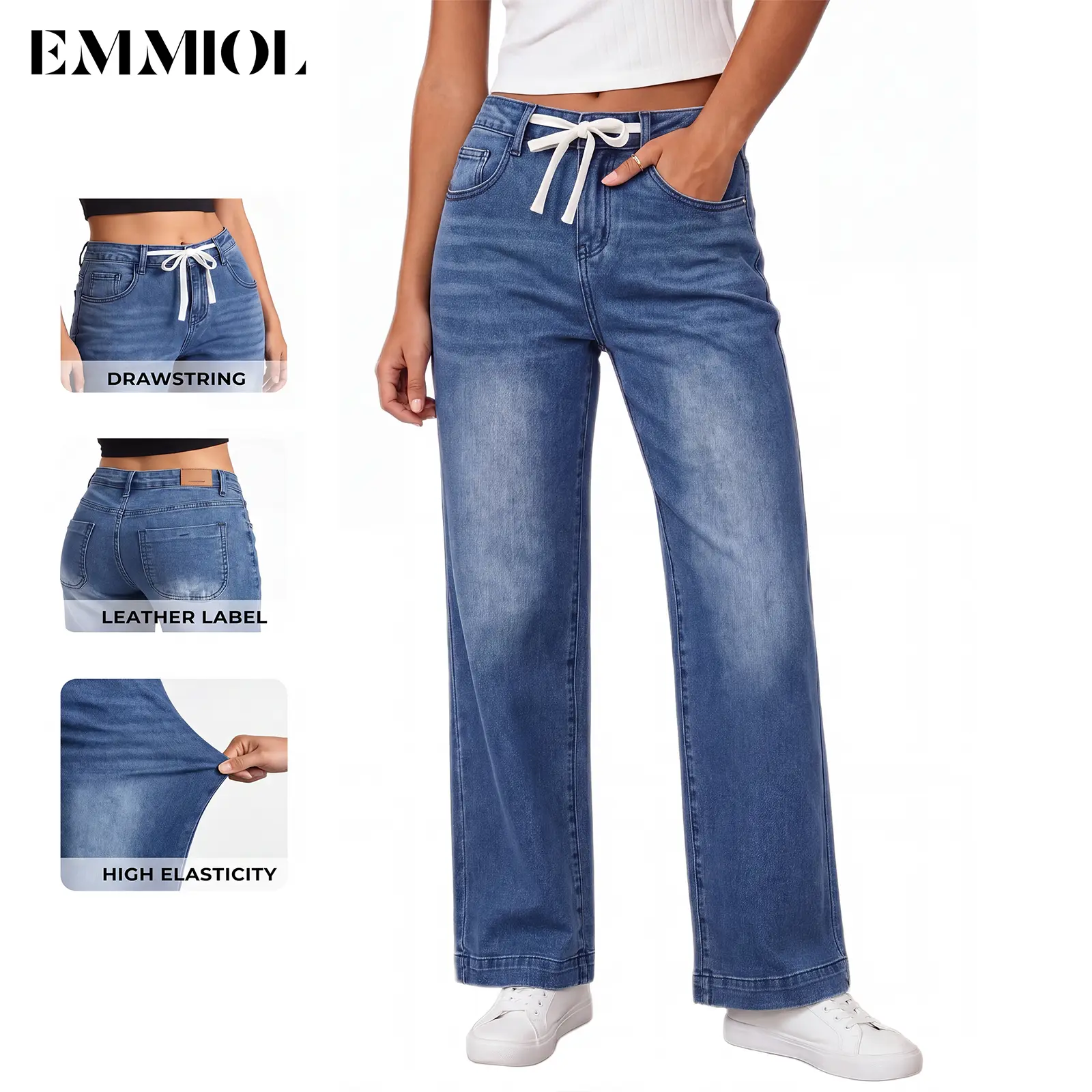 EMMIOL【Back to School】Wide Leg Jeans for Women High Waist Denim Pants Casual Bottoms | Drawstring Elastic Waist, Stretch Denim, Functional Pockets, Loose Fit, Fall Winter, Back To School New Arrival