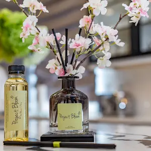 Pear Blossom & Peony Aroma Reed Diffuser - Beautifully Packaged Gift Set Includes - Pink,White,Green Cherry Blossom Faux Florals Bouquet, Ombre Black Glass Diffuser Vase, Reed Sticks Acrylic Tray, Fragranced Oil - 4 oz