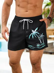 Men's Background Palm Tree Wave Seagull Print Loose Shorts, Drawstring Waist, Quick-Dry Breathable, Summer Beach Party Style