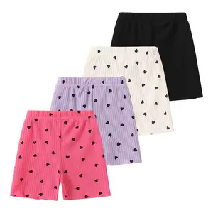 4 Pack girls summer soft and beautiful heart-shaped print 3-14-year-old children elastic waist rib shorts summer leisure outdoor holiday shorts