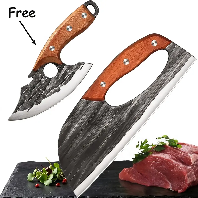 Buy 1 Get 1 Forged Kitchen Knife Set - Sharp Durable Meat Cleaver Chef Knife, Ergonomic Non-Slip Handle, Precision Cutting Bone Chopper Gift Box