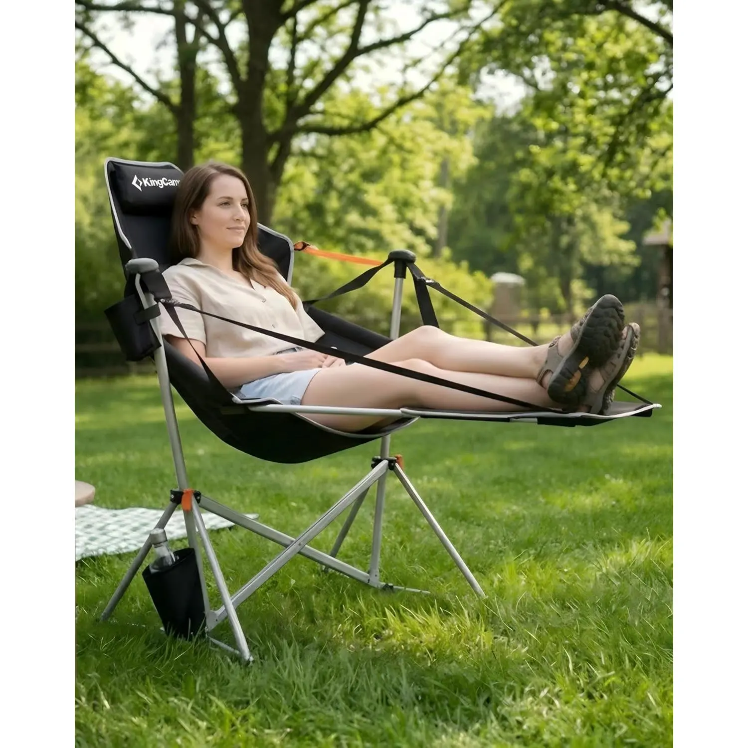 KingCamp Oversized Rocking Hammock Chair for Adults - 400 lbs Max Capacity, Breathable Mesh-Padded Seat & Pillow, Removable Footrest, Foldable with Cup Holder, Outdoor Hammocks for Garden, Beach