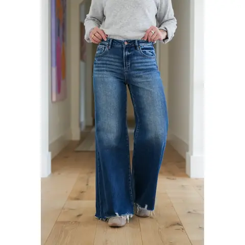 Risen High Rise Dark Wash Wide Leg Jeans