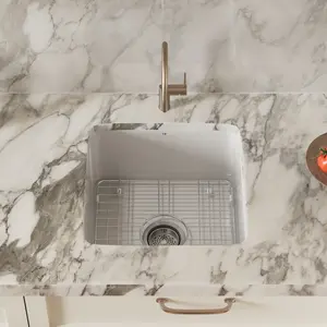 18 x 18 Inch White Undermount Kitchen Sink, Los Flexi Undermount Bar Sink, Dual Mount Single Bowl Sink, Deep Bowl Square White Design, Durable Fireclay, Included Sink Grid and Drain Strainer