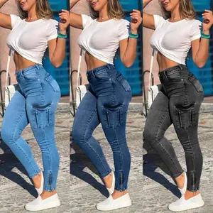 Cut Top Jeans2025 Summer New Zipper Pocket Frosted White Distressed Women's Fashion Denim Cargo Pants Skinny Pants