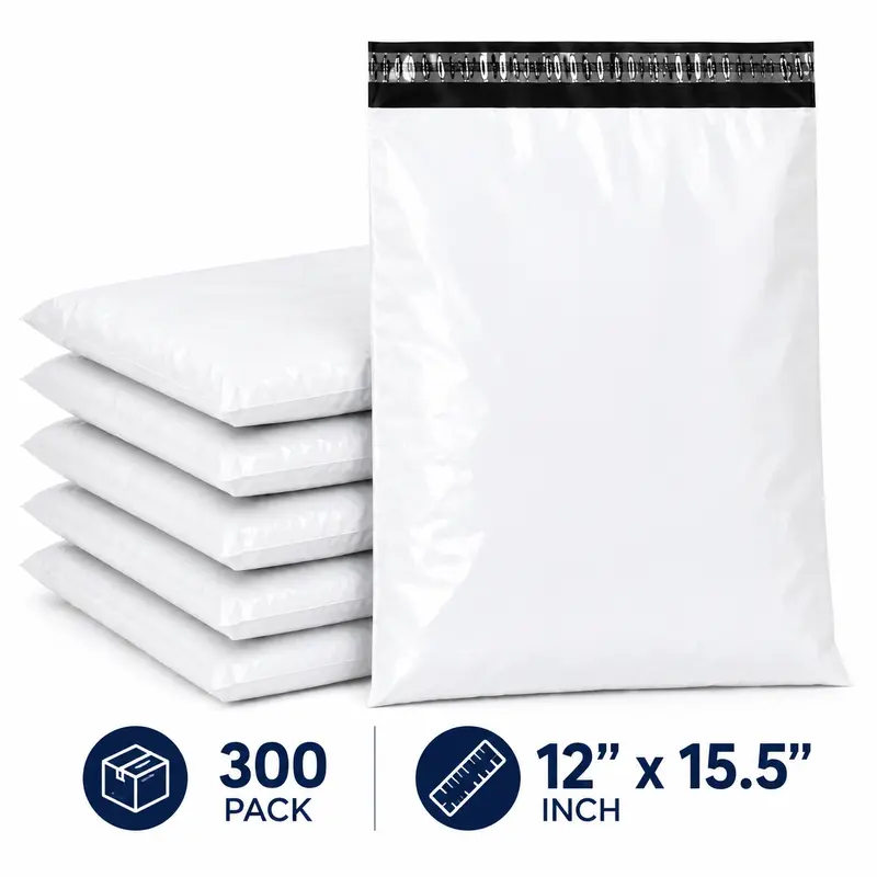 Poly Mailers 12x15.5 in, 300 Pack White Shipping Bags, Waterproof Self-Seal Mailing Envelopes 2 Mil for Small Business, Clothing & Packaging