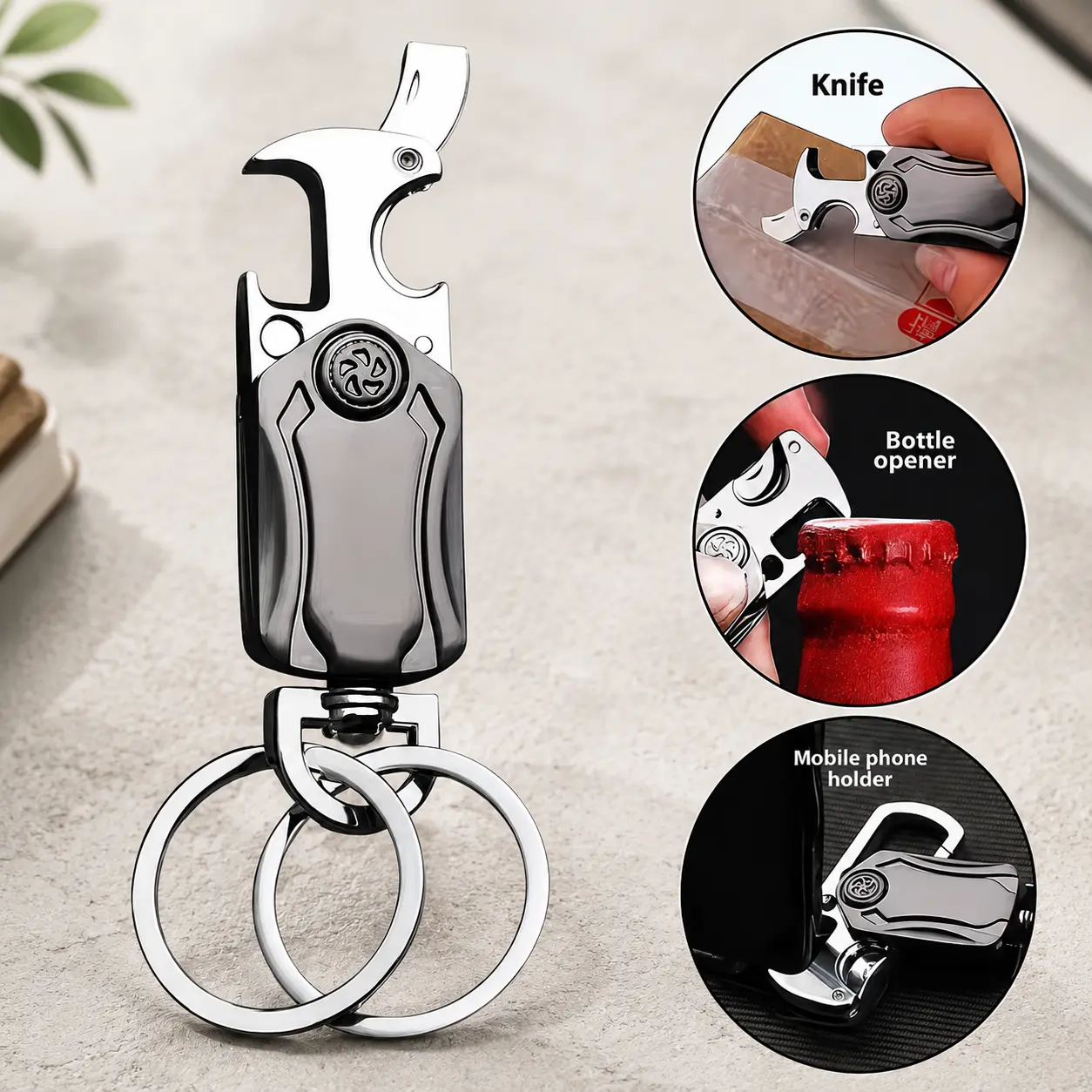 Unisex Metallic Hardware Keychain, Casual Multi-Use Tool with Double Ring Split Keyset Design, Flexible 360° Rotating Clip & Bottle Opener, Device Keychains, Hidden Bottle Opener Keychains