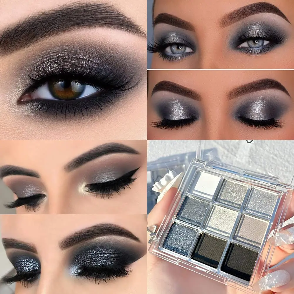 Black Smokey Silver Glitter Shimmer Eye Eyeshadow Makeup Palette, Cool Toned Matte Glitter Make Up Black Radiance Eyeshadow Palette Sombras De Ojos Profesional