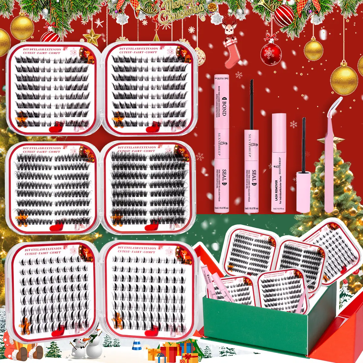 3 Box Mix Christmas Lashes Clusters Kit Gift Packs 576Pcs with Bond&Seal&Remove&Eyelash Tweezers Soft Synthetic Extension False Eyelash Mixed Curl Wispy Natural DIY Individual Fake Eyelashes for Beginners Bulk Pack Makeup