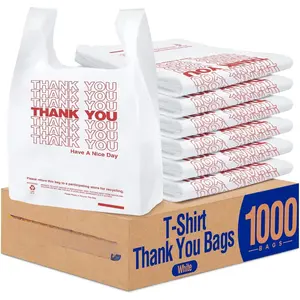 1000 Count White Thank You Bags with Handles, 11.5" x 6.5" x 21" Plastic Carry Bags for Retail, Supermarket, Grocery Shopping Bag for T-shirt Packaging, Takeout, Convenience Stores, in Bulk