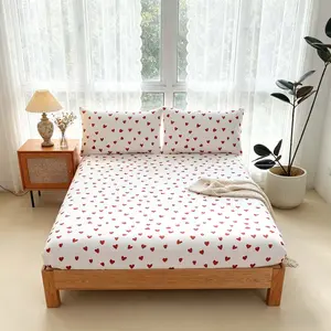 Three-piece fitted sheet set with cute red heart patterns. Made of breathable and soft polyester fiber, this bedding set is a great gift choice. It includes 1 fitted sheet and 2 pillowcases.