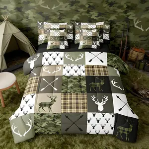 Green Hunting Camo Full Comforter Set with Sheets for Kids Boys Girls Rustic Western Deer 7 Pieces Bedding Set Camouflage Hunter Bed in a Bag Wildlife Anim