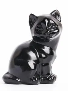 1pc Crystal Cat Carving, Black Obsidia Crystal Black Obsidian Cat Statue, Cat sitting Black Obsidian Animal Crystal Carving Stone Home Ornament