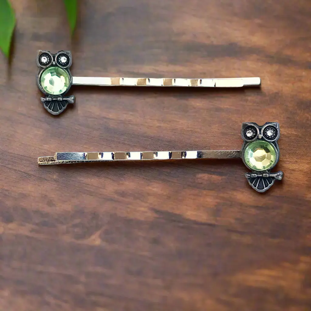Light Green Rhinestone Owl Bobby Pins - Boho Elements