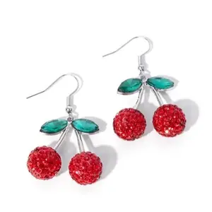 Cherry Contract Earrings with Red Rhinestones Silver Stems & Emerald Gem Leaves Seasonal Pop of Color Fishhook Fitting
