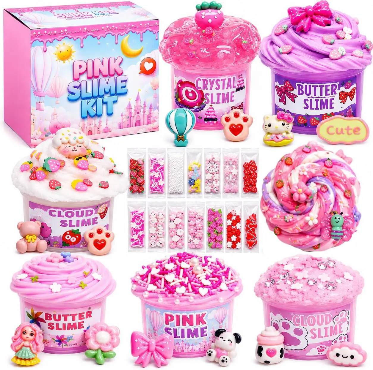 7 Pack Pink Slime Kit for Kids, Butter & Cloud Slime, Soft Crunchy Non-Sticky Slime Toys, Birthday Party Favors for Girls & Boys