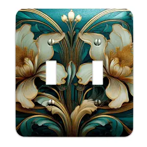 Art Nouveau-style Teal and Gold Floral Metal Decorative Light Switch Plate Cover - Several Sizes Available #5204