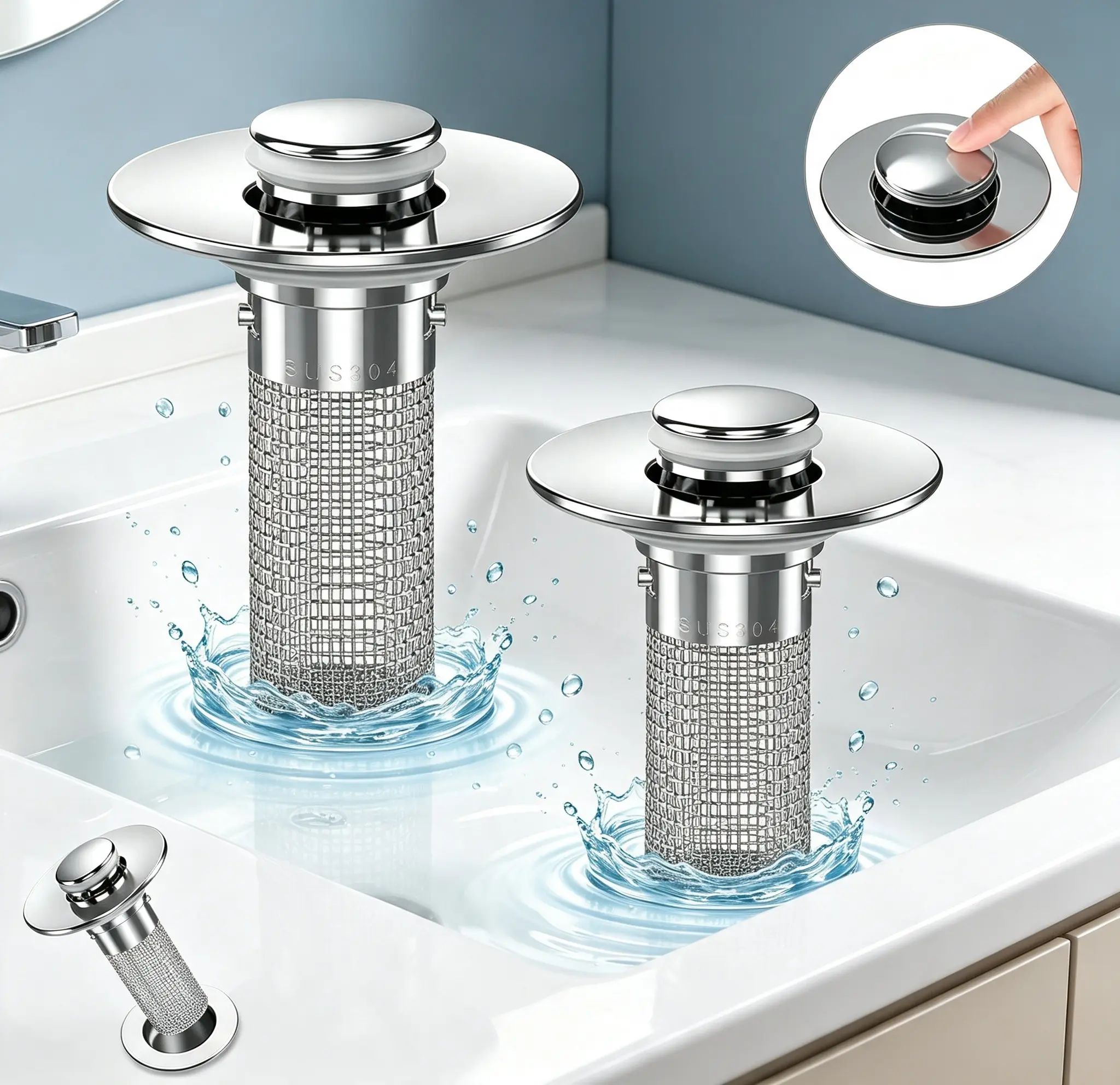 Stainless Steel Modern Rustproof Mesh Tub Drain Stopper with Bouncing Core & Brass Pop-Up Plug for Bathroom Home Supplies, Rustproof Drain Stoppers,Stainless Steel Universal Sink Stopper