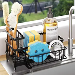 Consumest Sponge Holder for Kitchen Sink - Auto Draining Sink Caddy Organizer with Detachable Rack, High Brush Holder, Kitchen Countertop Storage Accessories, Black