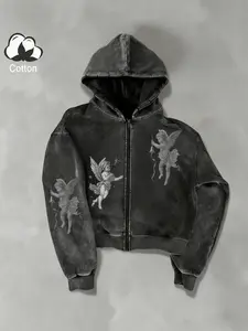 Vintage Washed Black Cotton Zip Up Hoodie with Cherub Angel Print, Y2K Grunge Aesthetic Oversized Hoodie, Trendy Streetwear for Daily Wear & Skateboarding, Cozy Retro Gothic Style Pullover Jacket for Women & Men